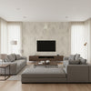 Sofi Light Sand & Oatmeal Wallcovering | Jeffrey Stevens - Living Room Visualization (AI-generated, may not be to scale. Verify pattern scale with product specifications.)