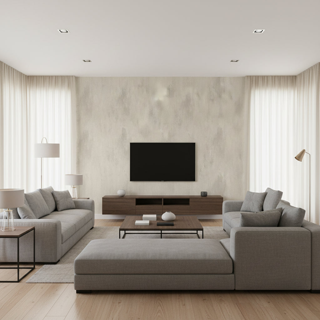 Sofi Light Sand & Oatmeal Wallcovering | Jeffrey Stevens - Living Room Visualization (AI-generated, may not be to scale. Verify pattern scale with product specifications.)