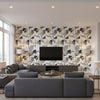 Lancelot Ivory & Charcoal Wallcovering | Jeffrey Stevens - Living Room Visualization (AI-generated, may not be to scale. Verify pattern scale with product specifications.)