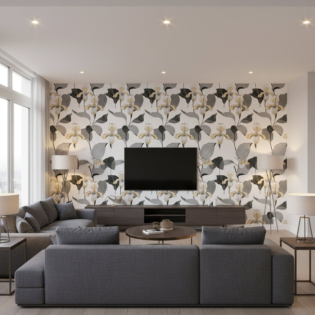 Lancelot Ivory & Charcoal Wallcovering | Jeffrey Stevens - Living Room Visualization (AI-generated, may not be to scale. Verify pattern scale with product specifications.)