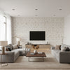 Paza Ivory & Gold Wallcovering | Jeffrey Stevens - Living Room Visualization (AI-generated, may not be to scale. Verify pattern scale with product specifications.)