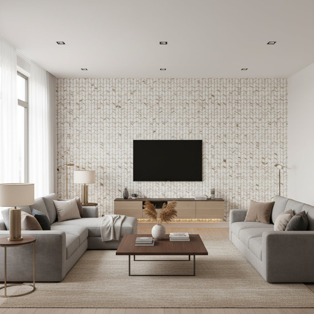 Paza Ivory & Gold Wallcovering | Jeffrey Stevens - Living Room Visualization (AI-generated, may not be to scale. Verify pattern scale with product specifications.)