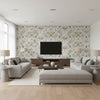 Capucine Linen & Gold Multi | Jeffrey Stevens - Living Room Visualization (AI-generated, may not be to scale. Verify pattern scale with product specifications.)