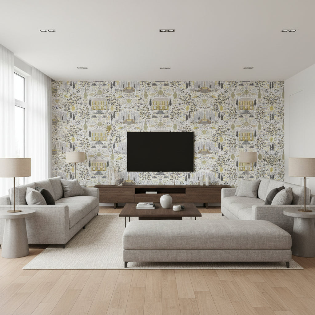 Capucine Linen & Gold Multi | Jeffrey Stevens - Living Room Visualization (AI-generated, may not be to scale. Verify pattern scale with product specifications.)