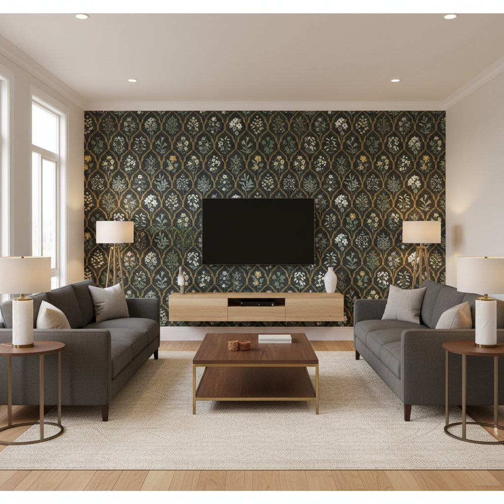 Hayden Black & Cream Multi | Jeffrey Stevens - Living Room Visualization (AI-generated, may not be to scale. Verify pattern scale with product specifications.)