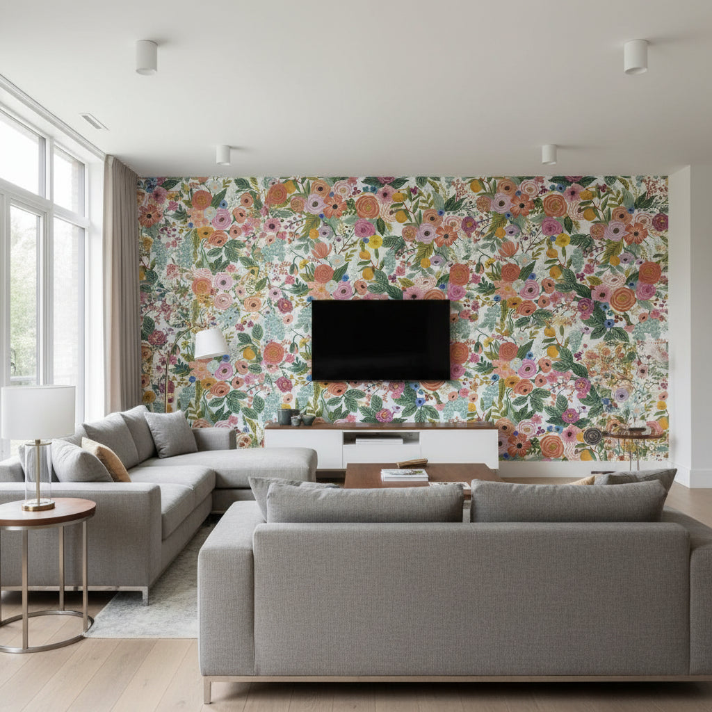 Gabrielle Rose Garden Cream & Blush Wallcovering | Jeffrey Stevens - Living Room Visualization (AI-generated, may not be to scale. Verify pattern scale with product specifications.)
