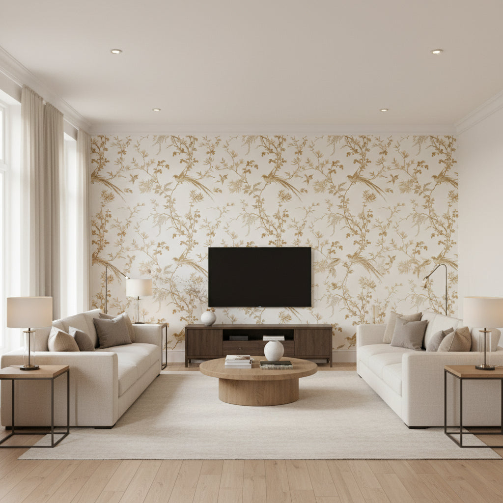 Blake White & Gold Multi | Jeffrey Stevens - Living Room Visualization (AI-generated, may not be to scale. Verify pattern scale with product specifications.)