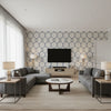 Lave Ivory & Navy Wallcovering | Jeffrey Stevens - Living Room Visualization (AI-generated, may not be to scale. Verify pattern scale with product specifications.)