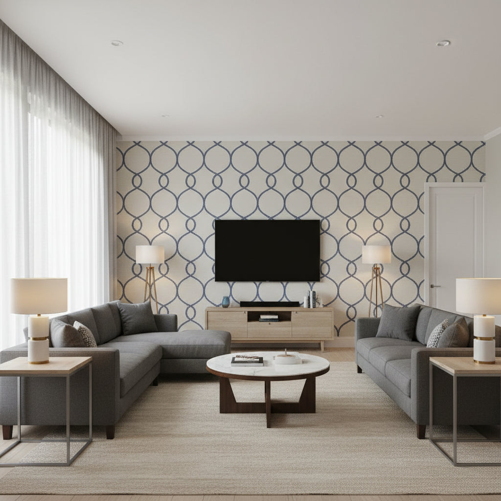 Lave Ivory & Navy Wallcovering | Jeffrey Stevens - Living Room Visualization (AI-generated, may not be to scale. Verify pattern scale with product specifications.)