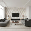 Lave Oatmeal & Gold Wallcovering | Jeffrey Stevens - Living Room Visualization (AI-generated, may not be to scale. Verify pattern scale with product specifications.)