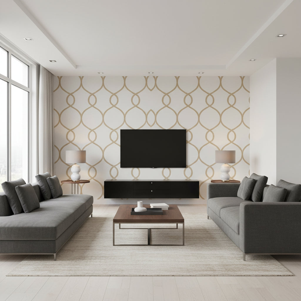 Lave Oatmeal & Gold Wallcovering | Jeffrey Stevens - Living Room Visualization (AI-generated, may not be to scale. Verify pattern scale with product specifications.)