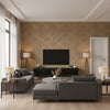 Trisha Brown Teahouse Wheat & Tan Wallcovering | Jeffrey Stevens - Living Room Visualization (AI-generated, may not be to scale. Verify pattern scale with product specifications.)