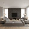 Trisha Teahous Charcoal & Oatmeal Wallcovering | Jeffrey Stevens - Living Room Visualization (AI-generated, may not be to scale. Verify pattern scale with product specifications.)