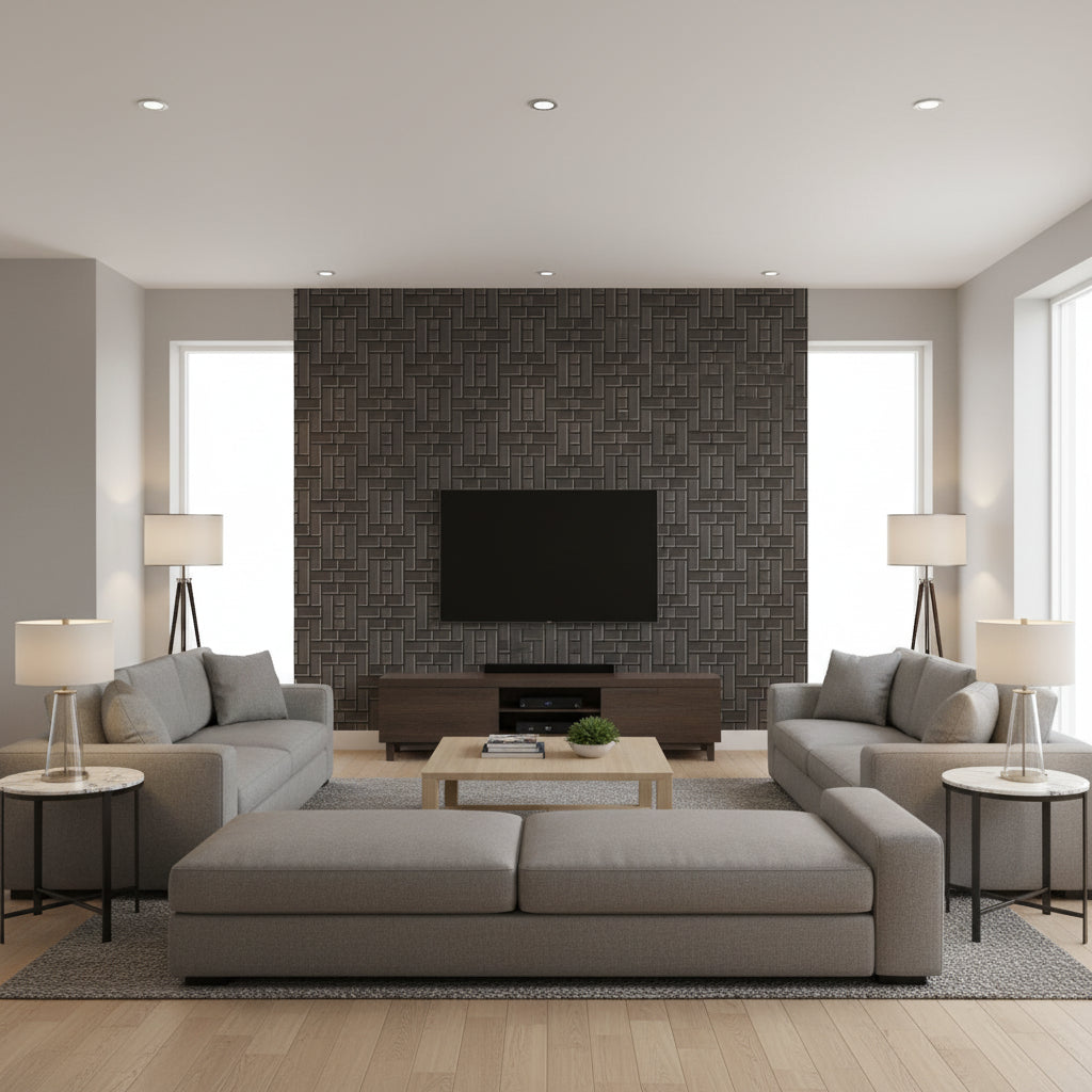 Trisha Teahous Charcoal & Oatmeal Wallcovering | Jeffrey Stevens - Living Room Visualization (AI-generated, may not be to scale. Verify pattern scale with product specifications.)