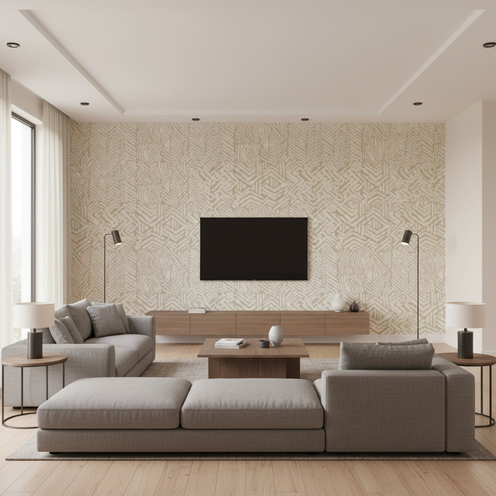 Teresa Tan Tribal Cream & Tan Wallcovering | Jeffrey Stevens - Living Room Visualization (AI-generated, may not be to scale. Verify pattern scale with product specifications.)