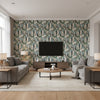 Sabo Dark & Blue Multi | Jeffrey Stevens - Living Room Visualization (AI-generated, may not be to scale. Verify pattern scale with product specifications.)