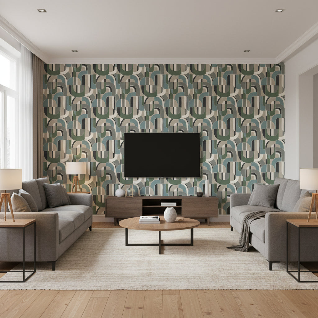 Sabo Dark & Blue Multi | Jeffrey Stevens - Living Room Visualization (AI-generated, may not be to scale. Verify pattern scale with product specifications.)