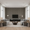 Drisini Black Dynasti Charcoal & Silver Wallcovering | Jeffrey Stevens - Living Room Visualization (AI-generated, may not be to scale. Verify pattern scale with product specifications.)