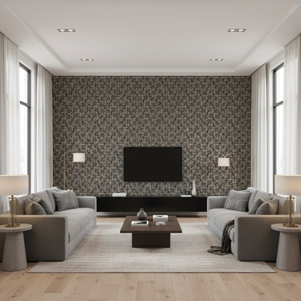 Drisini Black Dynasti Charcoal & Silver Wallcovering | Jeffrey Stevens - Living Room Visualization (AI-generated, may not be to scale. Verify pattern scale with product specifications.)