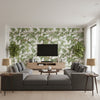 Jehanne White Jungle Ivory & Sage Wallcovering | Jeffrey Stevens - Living Room Visualization (AI-generated, may not be to scale. Verify pattern scale with product specifications.)