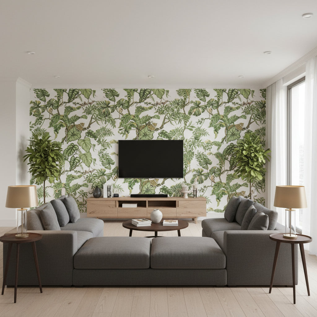Jehanne White Jungle Ivory & Sage Wallcovering | Jeffrey Stevens - Living Room Visualization (AI-generated, may not be to scale. Verify pattern scale with product specifications.)