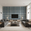 Simi Sterling Steel Blue & Silver Wallcovering | Jeffrey Stevens - Living Room Visualization (AI-generated, may not be to scale. Verify pattern scale with product specifications.)