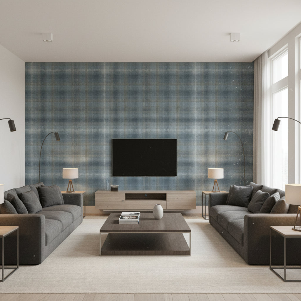 Simi Sterling Steel Blue & Silver Wallcovering | Jeffrey Stevens - Living Room Visualization (AI-generated, may not be to scale. Verify pattern scale with product specifications.)