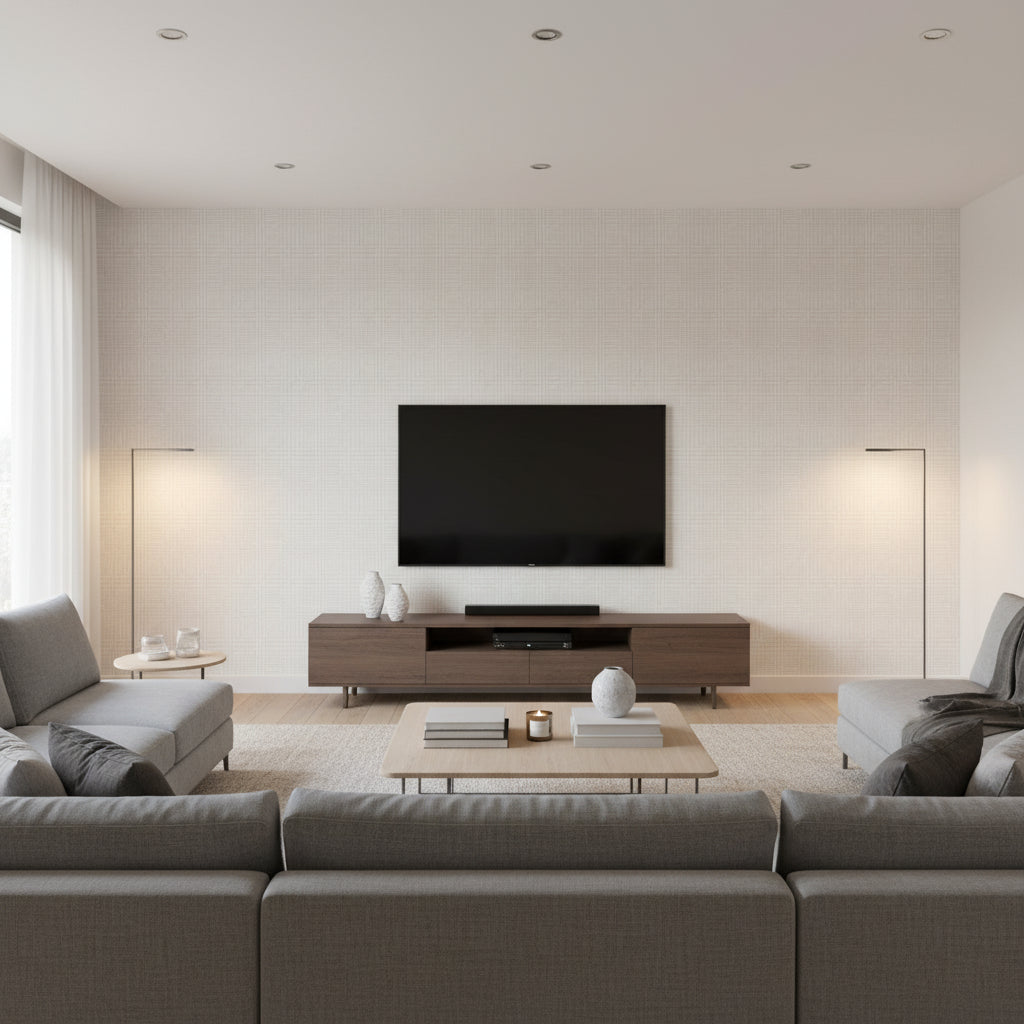 Sherman Shirting Cream & Sand Wallcovering | Jeffrey Stevens - Living Room Visualization (AI-generated, may not be to scale. Verify pattern scale with product specifications.)