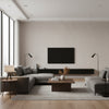 Derman Gray Double Oatme Oatmeal & Sand Wallcovering | Jeffrey Stevens - Living Room Visualization (AI-generated, may not be to scale. Verify pattern scale with product specifications.)