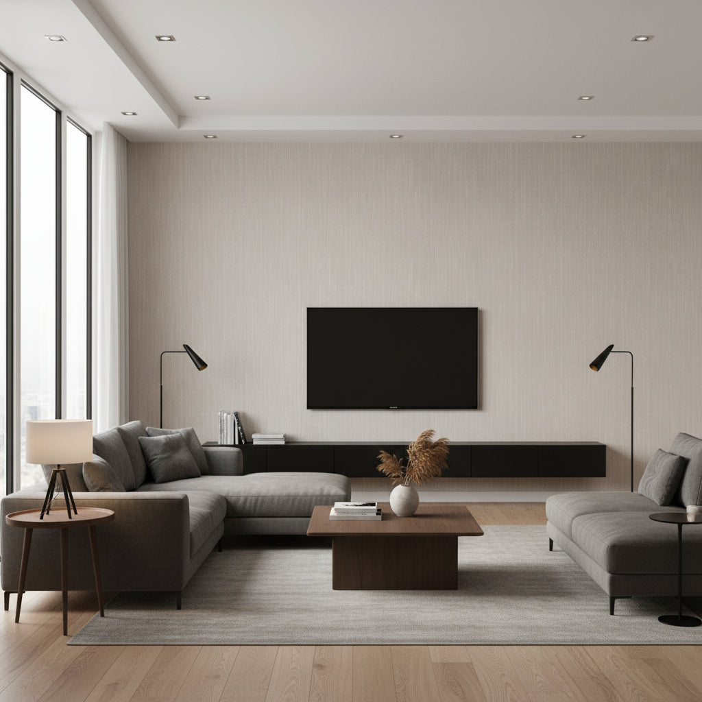 Derman Gray Double Oatme Oatmeal & Sand Wallcovering | Jeffrey Stevens - Living Room Visualization (AI-generated, may not be to scale. Verify pattern scale with product specifications.)
