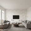 Penelope Sand & Slate Wallcovering | Jeffrey Stevens - Living Room Visualization (AI-generated, may not be to scale. Verify pattern scale with product specifications.)