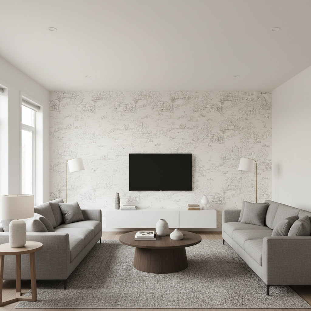 Penelope Sand & Slate Wallcovering | Jeffrey Stevens - Living Room Visualization (AI-generated, may not be to scale. Verify pattern scale with product specifications.)
