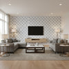 Petit Blue Paisley Cream & Dusty Blue Wallcovering | Jeffrey Stevens - Living Room Visualization (AI-generated, may not be to scale. Verify pattern scale with product specifications.)