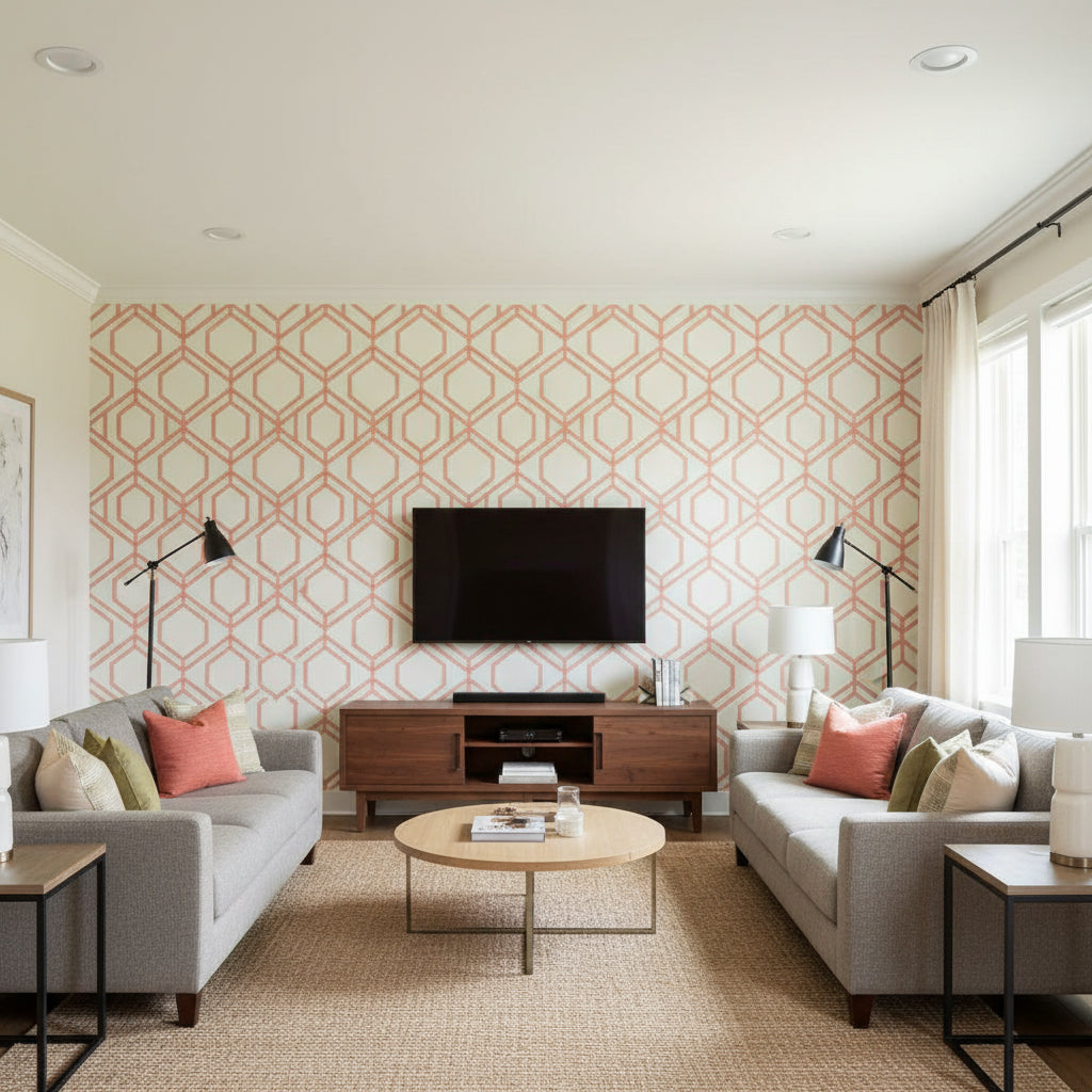Spencer Corla Sawgrass Cream & Coral Wallcovering | Jeffrey Stevens - Living Room Visualization (AI-generated, may not be to scale. Verify pattern scale with product specifications.)