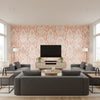 Hannah Coral Hawthorne Coral & Cream Wallcovering | Jeffrey Stevens - Living Room Visualization (AI-generated, may not be to scale. Verify pattern scale with product specifications.)