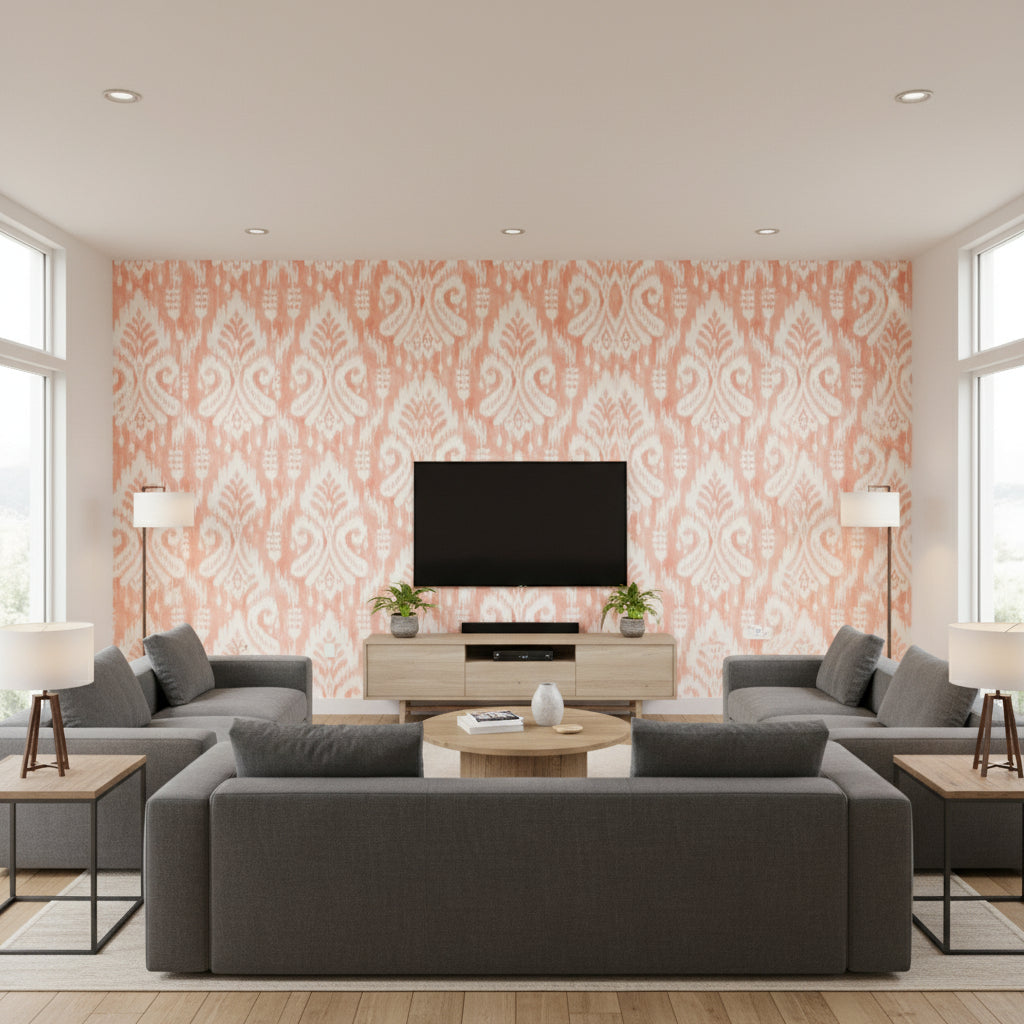 Hannah Coral Hawthorne Coral & Cream Wallcovering | Jeffrey Stevens - Living Room Visualization (AI-generated, may not be to scale. Verify pattern scale with product specifications.)
