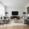 Paulette Painted Oatmeal & Navy Wallcovering | Jeffrey Stevens - Living Room Visualization (AI-generated, may not be to scale. Verify pattern scale with product specifications.)