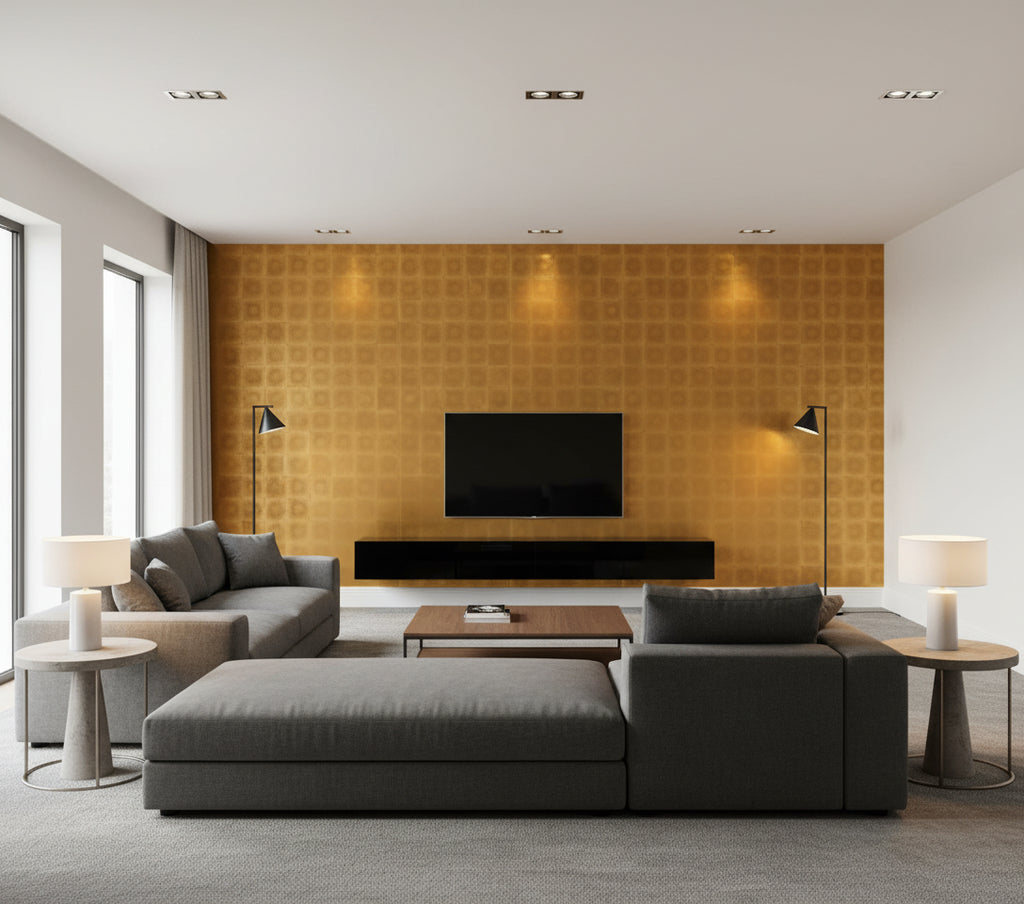 Subtle Leaf Gold | Architectural Wallcoverings - Living Room Visualization (AI-generated, may not be to scale. Verify pattern scale with product specifications.)