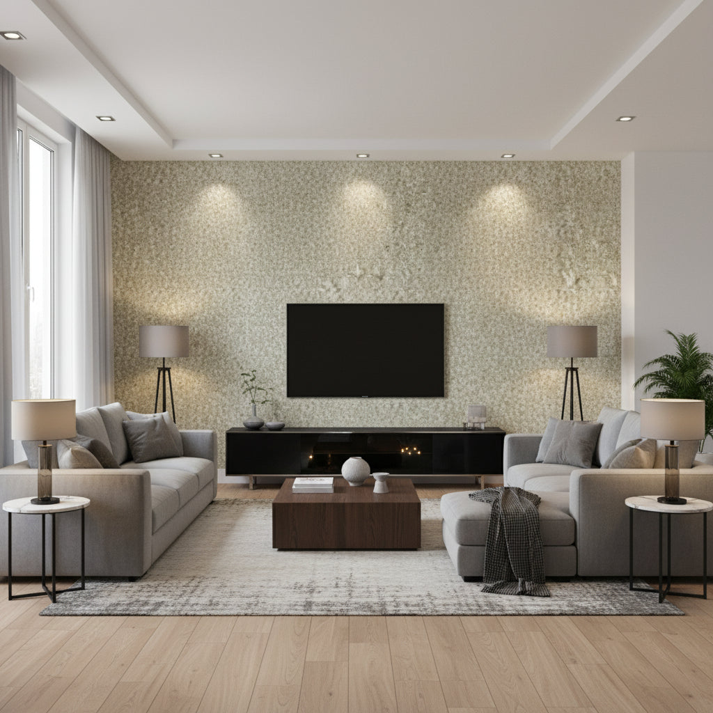 First Impression Cream | Architectural Wallcoverings - Living Room Visualization (AI-generated, may not be to scale. Verify pattern scale with product specifications.)