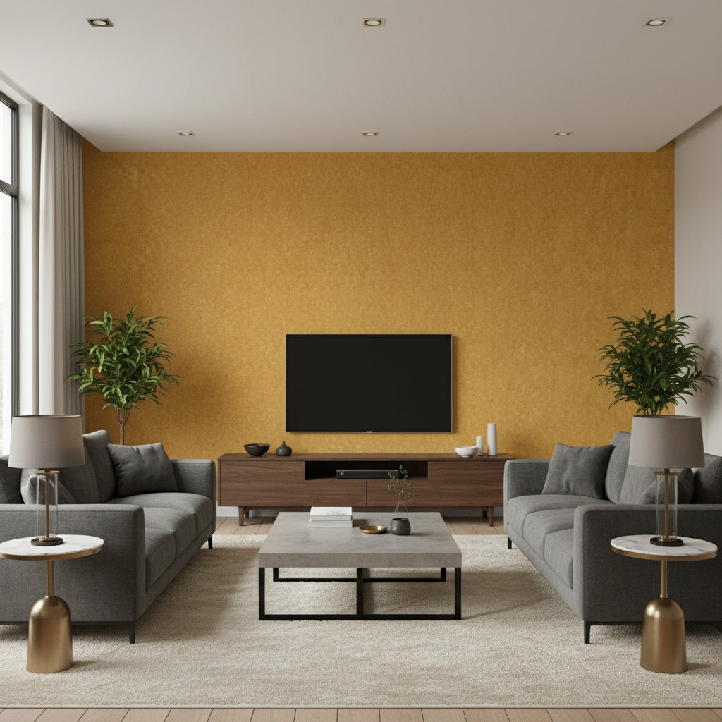 First Impression Gold | Architectural Wallcoverings - Living Room Visualization (AI-generated, may not be to scale. Verify pattern scale with product specifications.)