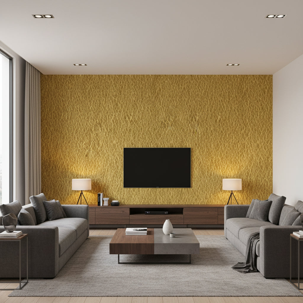 Frenetic Gold | Architectural Wallcoverings - Living Room Visualization (AI-generated, may not be to scale. Verify pattern scale with product specifications.)