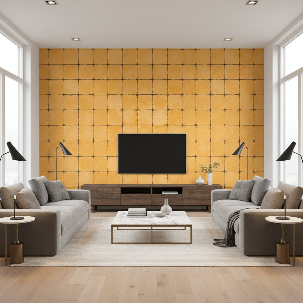 Opulent Leaf Gold | Architectural Wallcoverings - Living Room Visualization (AI-generated, may not be to scale. Verify pattern scale with product specifications.)