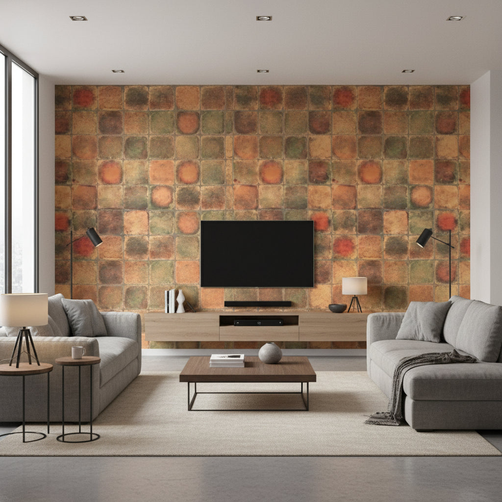 Opulent Leaf Copper | Architectural Wallcoverings - Living Room Visualization (AI-generated, may not be to scale. Verify pattern scale with product specifications.)