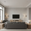 Languid Leaf Pearl Silver | Architectural Wallcoverings - Living Room Visualization (AI-generated, may not be to scale. Verify pattern scale with product specifications.)