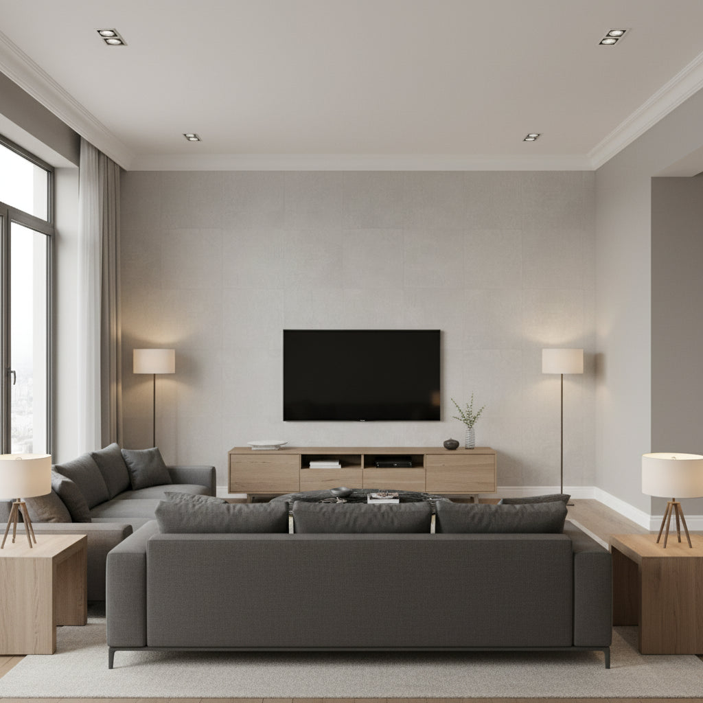 Languid Leaf Pearl Silver | Architectural Wallcoverings - Living Room Visualization (AI-generated, may not be to scale. Verify pattern scale with product specifications.)