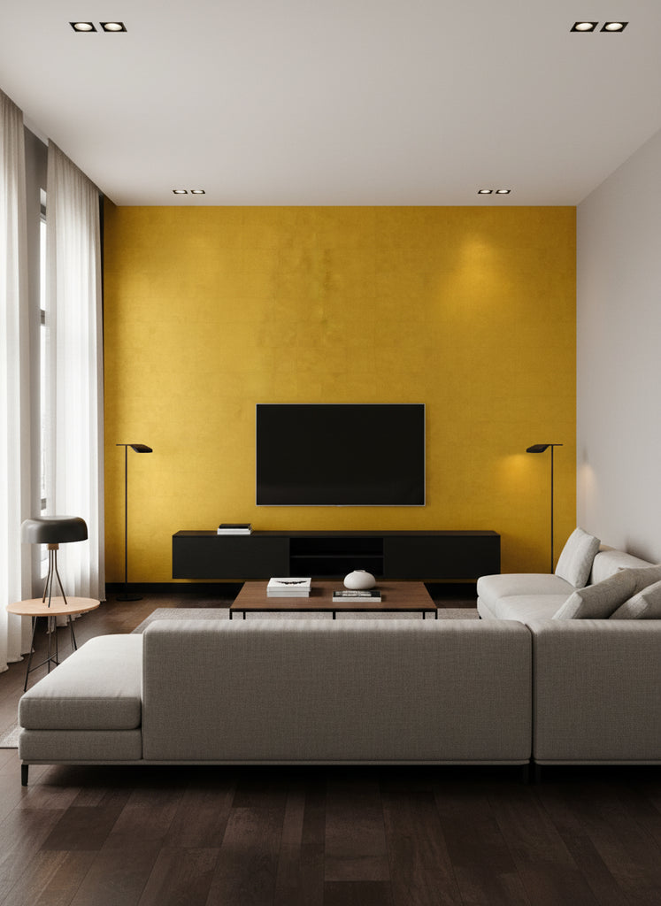 Languid Leaf Gold | Architectural Wallcoverings - Living Room Visualization (AI-generated, may not be to scale. Verify pattern scale with product specifications.)