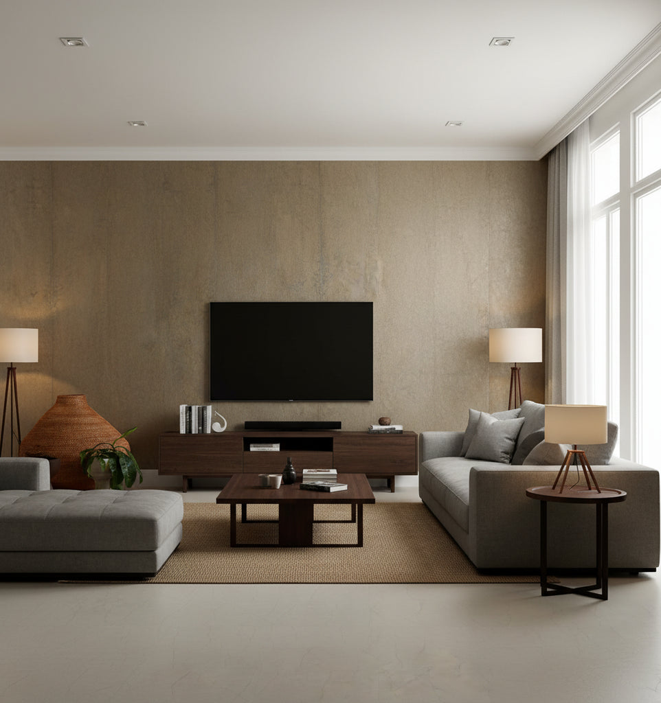 Ruche Gold | Architectural Wallcoverings - Living Room Visualization (AI-generated, may not be to scale. Verify pattern scale with product specifications.)