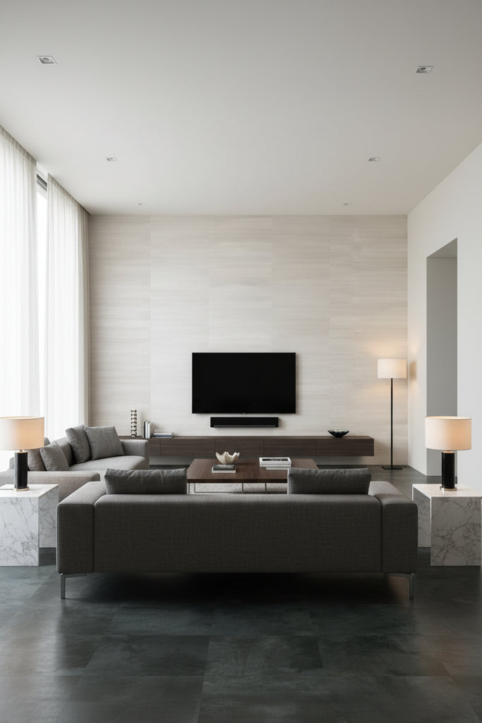 Galaxy Wash Pearl | Architectural Wallcoverings - Living Room Visualization (AI-generated, may not be to scale. Verify pattern scale with product specifications.)