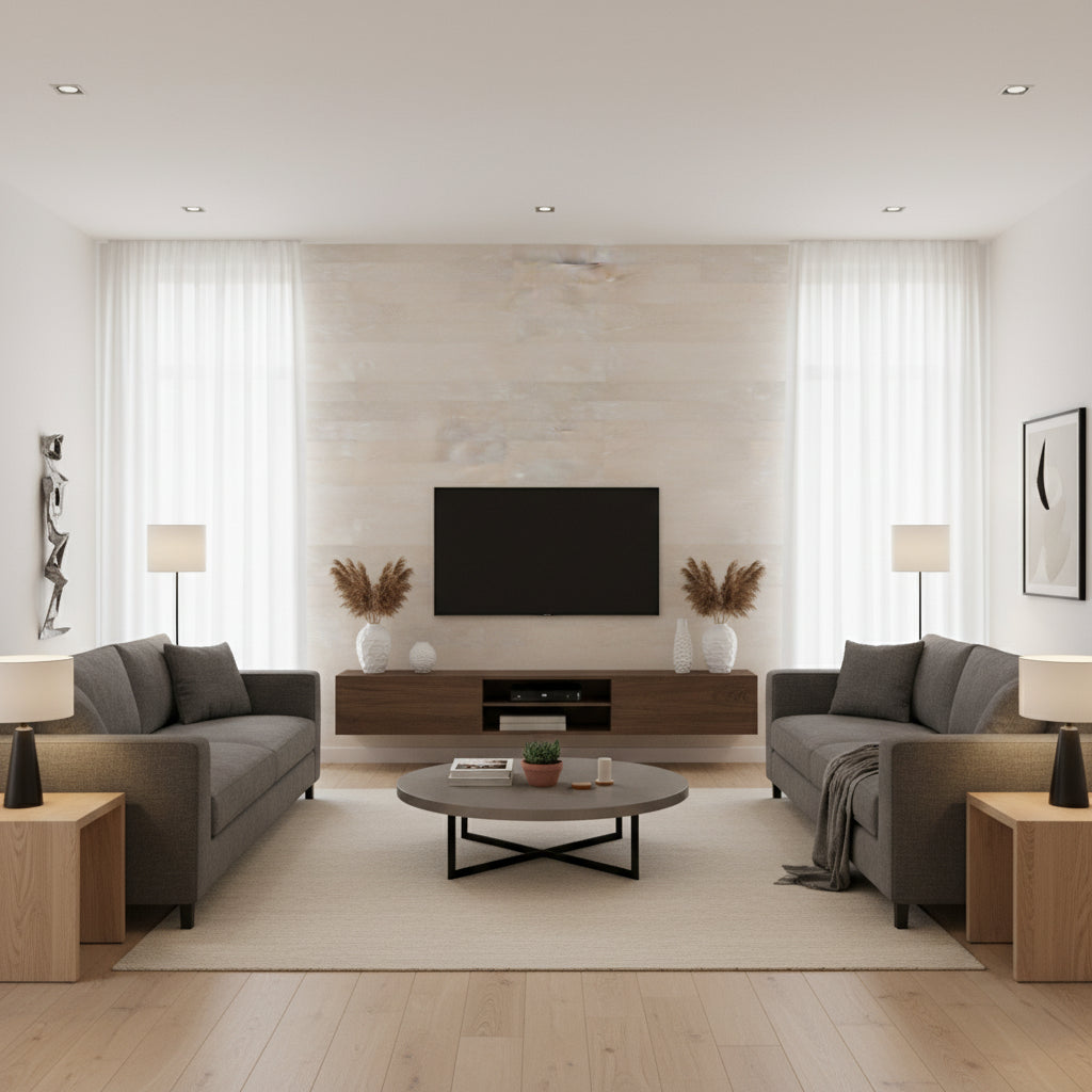 Wash Cork Cream | Architectural Wallcoverings - Living Room Visualization (AI-generated, may not be to scale. Verify pattern scale with product specifications.)