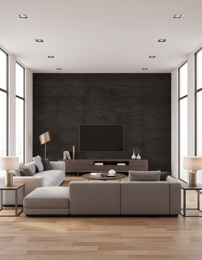 Wash Cork Deep Brown | Architectural Wallcoverings - Living Room Visualization (AI-generated, may not be to scale. Verify pattern scale with product specifications.)